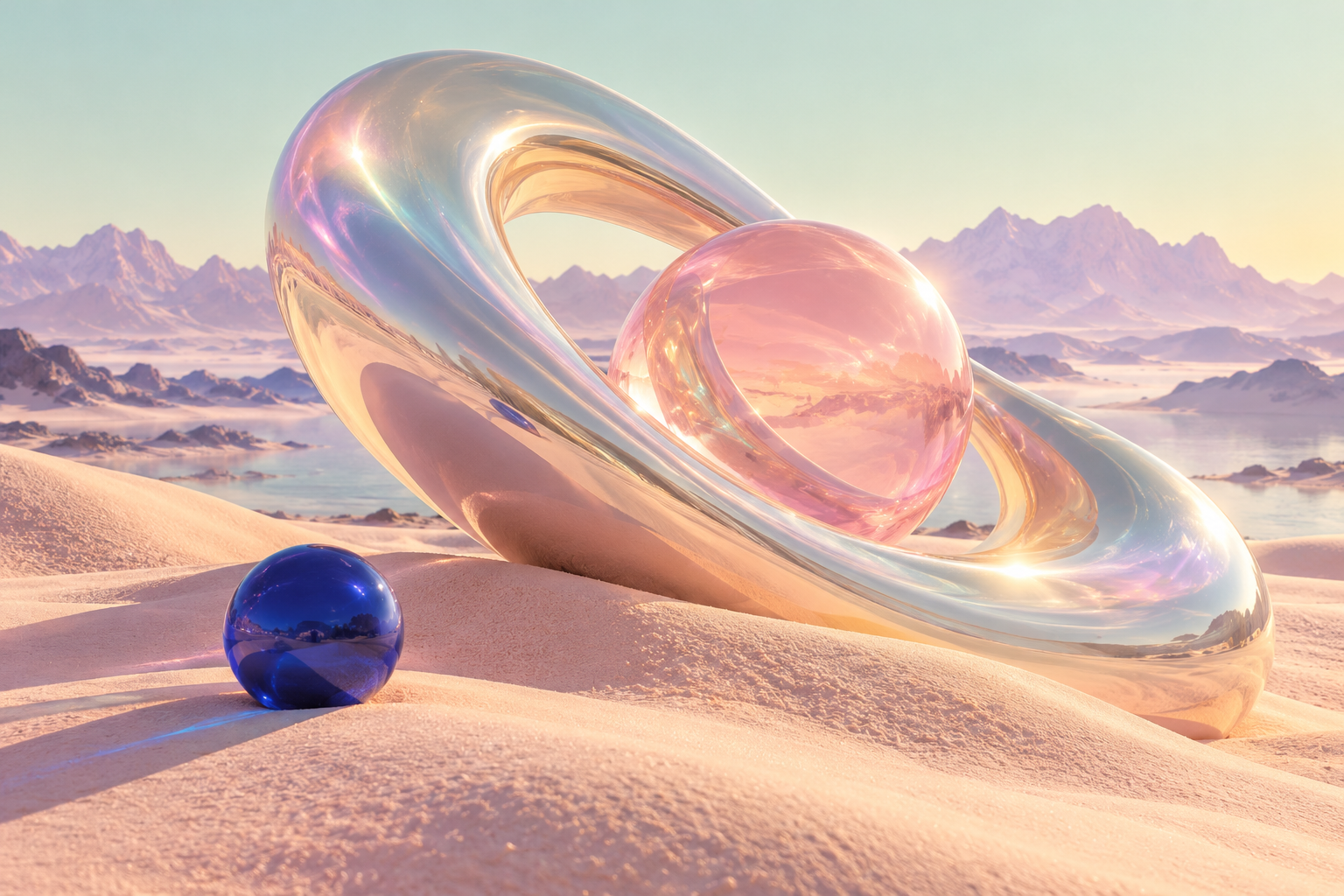 Pearlescent chrome sculpture on rose sand, lilac mountains and a pale mint sky.