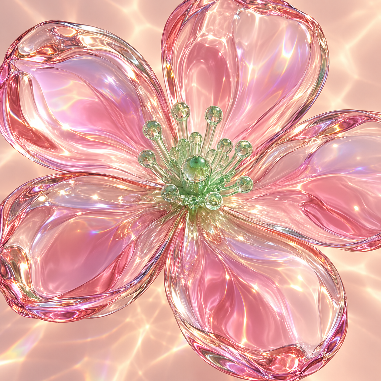 A translucent rose glass flower, iridescent petals and a pale mint heart.