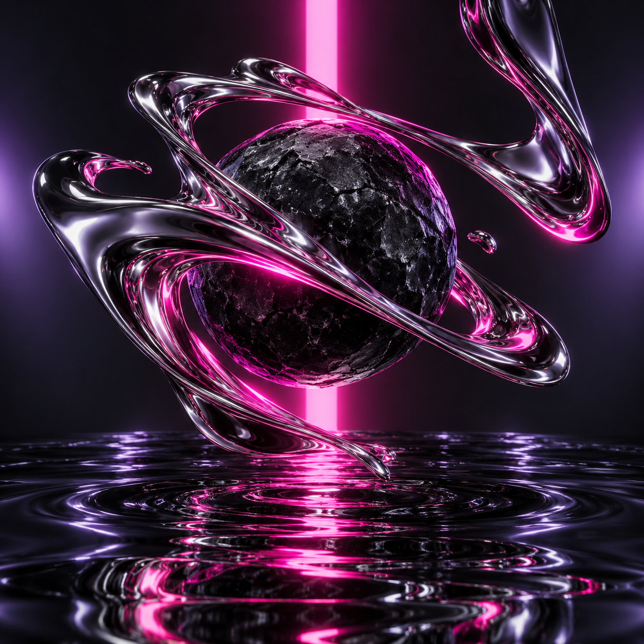 Liquid chrome ribbons around a dark sphere, violet reflections and a single pink light.