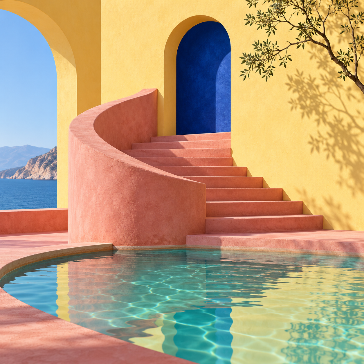 A pink staircase, cobalt doorway and turquoise water in a surreal sunlit courtyard.